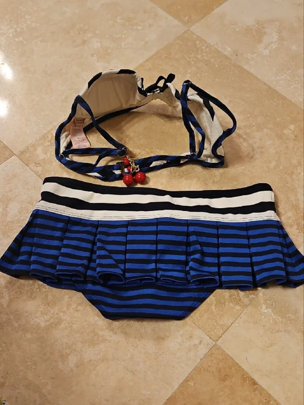 Juicy Couture Navy and White Striped  Bikini Swim with Gold Logo Buttons - Picture 2 of 8